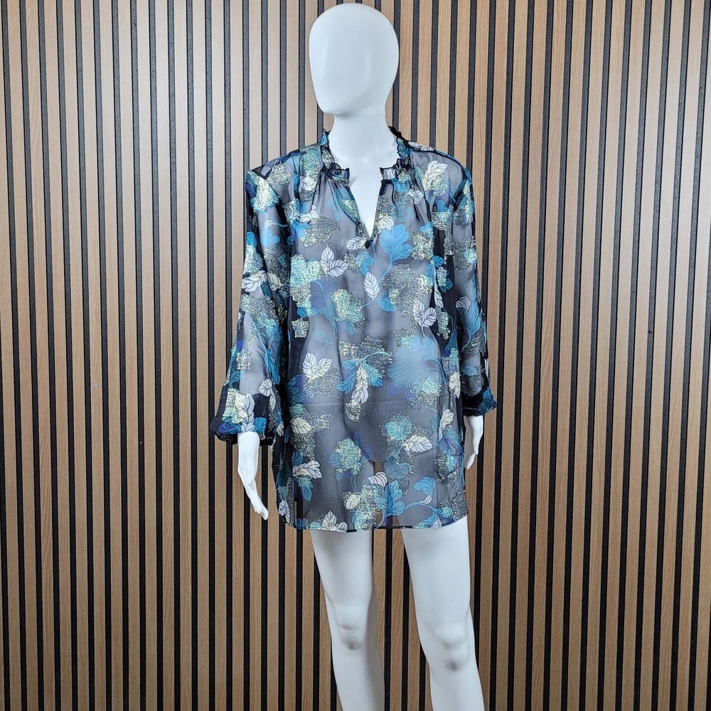 Chico's Tunic Top Floral Metallic Fil Coupe Sheer Blue Black Gold Size 3